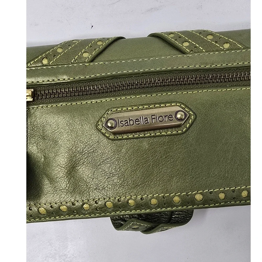 Vtg Y2K Isabella Fiore wristlet clutch women green metallic leather w/punch work